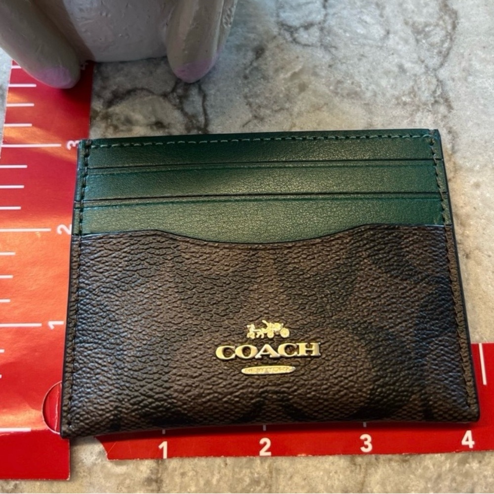 Coach Signature Card Case in Dark Brown and Green - Picture 6 of 6